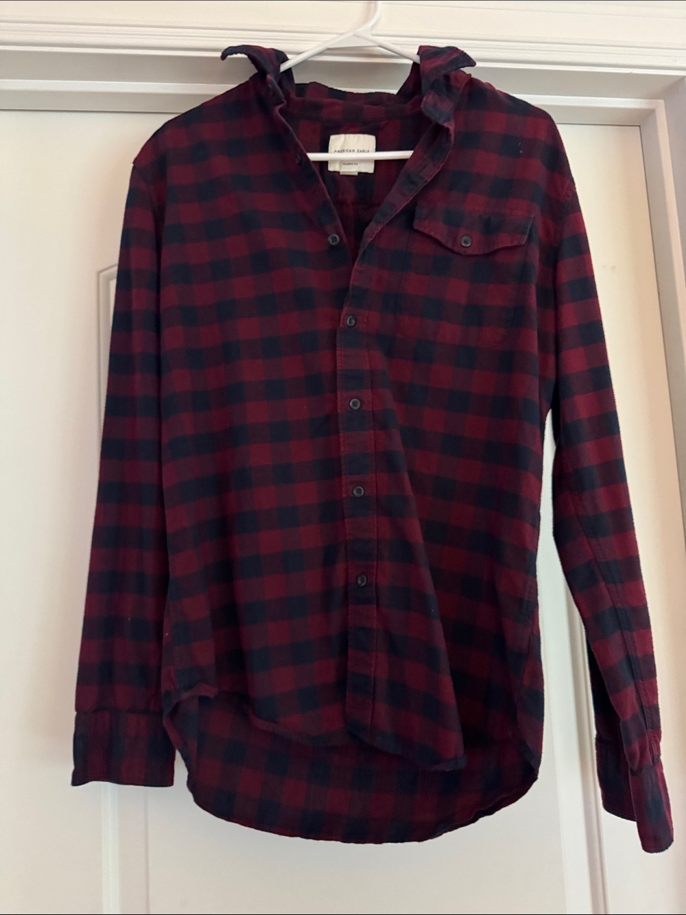 American Eagle Outfitters Red and Black Plaid Button-Down Shirt